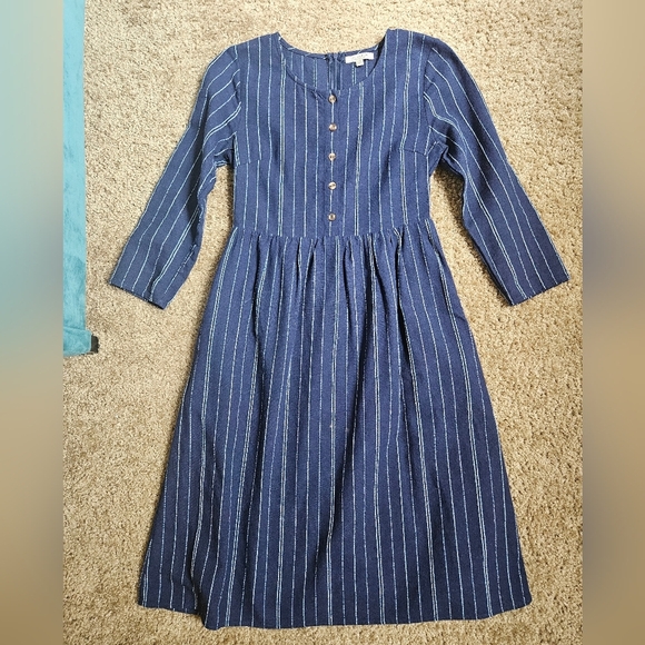 Polagram Linen-Look Navy A-Line Striped Midi Dress, Size Small - Picture 1 of 9